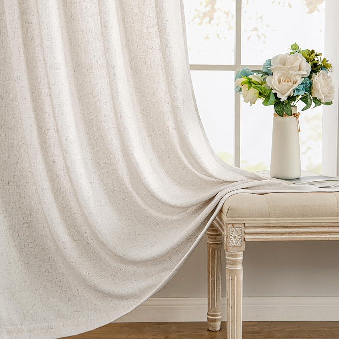 MIULEE Non-See-Through Privacy Linen Curtains 2 Panels, Light Filtering Window Curtains Farnhouse Textured Back Tab Semi Sheer Drapes for Bedroom Living Room, 52 x 84 Inches Long, White