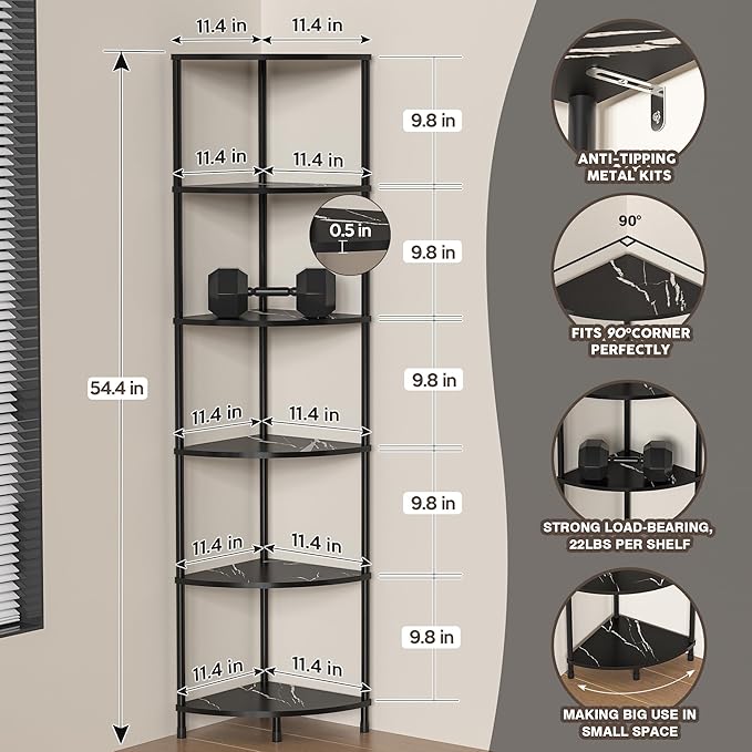 Book Shelf Corner Shelf, 6 Tier Corner Bookshelf Display for Living Room Decor, 54.4" Standing Shelves Bookcase Organizer, Marble Black Storage Shelves for Bedroom, Bathroom, Small Space