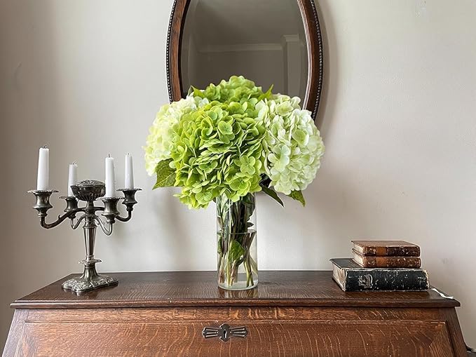 YalzoneMet 4Pcs Light Green Hydrangea Artificial Flower Natural Lifelike Real 21 inch Long Stem Hydrangea Latex Flower Bouquets for Home Party Outdoor Wedding Table Centerpiece Decor