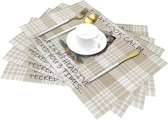 Funny Owl Placemats Set of 4, Cute Buffalo Plaid Table Mats, Heat Resistant Washable Linen Place Mats for Kitchen Dining Tables Farmhouse Decoration 12x18 Inch