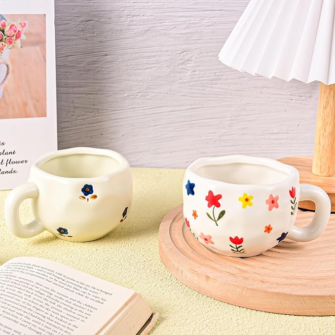 Coffee Mugs Set of 2, Ceramic Coffee Mug with Blue and Pink Floral, 10 oz Aesthetic Latte Art Cups with Handle, Cute Painted Flower Cup for Cappuccino, Cocoa, Espresso - Microwave and Dishwasher Safe