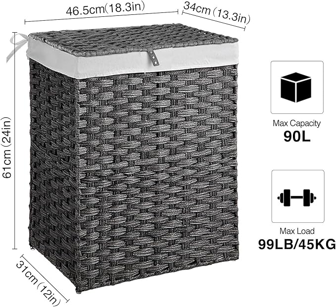 Greenstell Laundry Hamper with 2 Removable Liner Bags - 90L Divided Clothes Hamper, Handwoven Synthetic Rattan Foldable Laundry Basket with Lid and Handles Gray (18.3x13.3x24.0Inches)