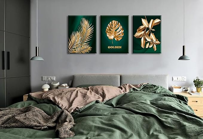 JiazuGo 3Pcs Emerald Green and Gold Canvas Prints - Tropical Botanical Wall Art for Bathroom Bedroom Decor, Mid Century Modern Vintage Room Decorations, Framed Plant Pictures