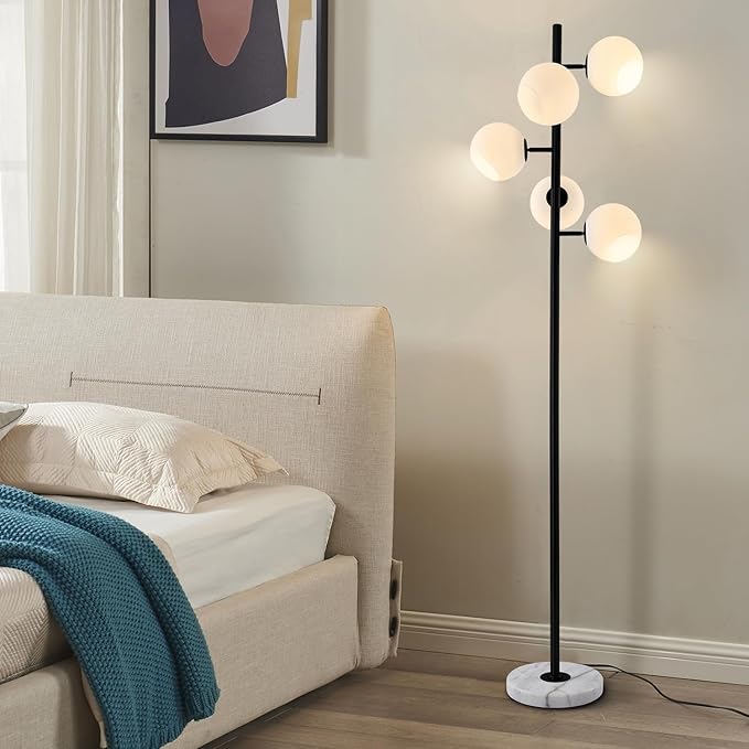KCO Lighting Five Globe Mid Century Modern Floor Lamp 5Light Milk Glass Floor Lamp Contemporary Black Standing Lamp Industrial Tree Floor Lamp Marble Base Floor Lamp for Living Room, T1013-B
