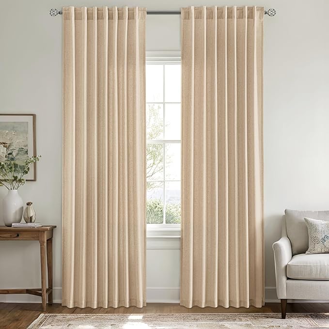 MIULEE Non-See-Through Privacy Linen Curtains 2 Panels, Light Filtering Window Curtains Farnhouse Textured Back Tab Semi Sheer Drapes for Bedroom Living Room, 52 x 72 Inches Long, Light Brown