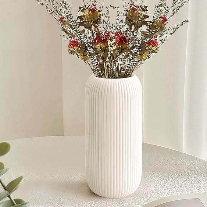 White Ceramic Vase for Flowers, Tall Home Decor Vase with Ribbed Texture, Vases for Centerpieces, Farmhouse Decor, Living Room, Christmas Decor Bedroom, Table, and Kitchen Shelf (10.2 in)