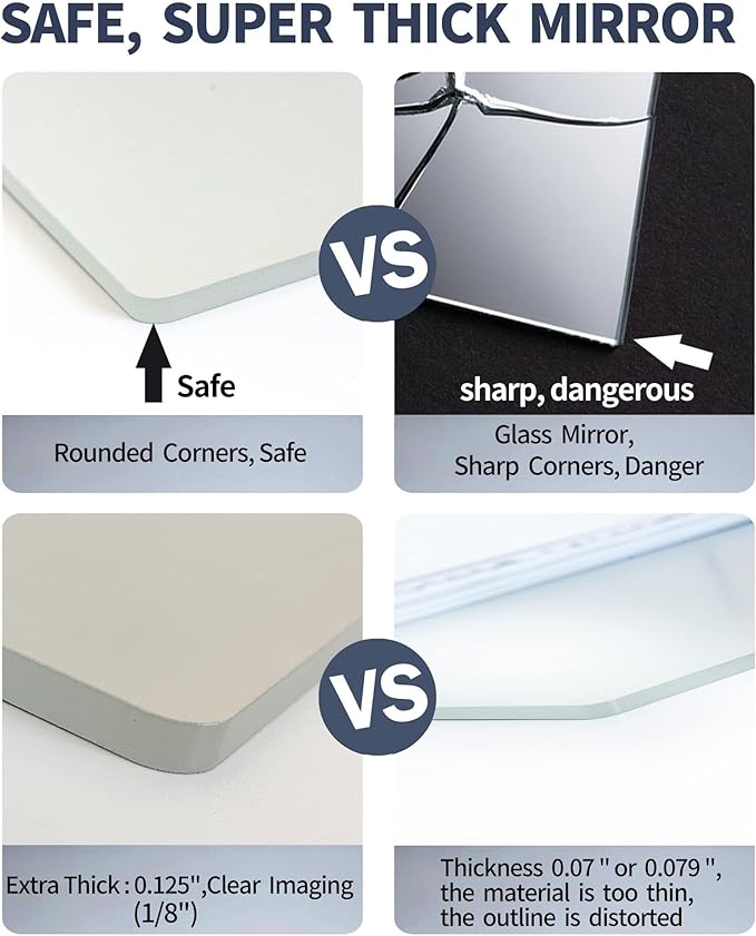 Kids Safety Shatterproof Mirror for Wall, Plastic Wall Mounted, Unbreakable Acrylic Non-Glass, 1/8" Thick, 8"x8", Great for Bedroom, Kids' Rooms