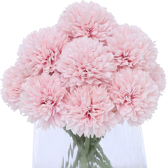 Kimura's Cabin Fake Silk Flowers 20pcs Pink Flowers Artificial Ball Flowers Faux Chrysanthemum Bouquets for Home Dining Table Core Party Wedding Decoration (Pink, Pack of 20)