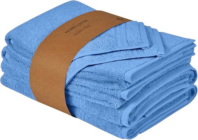 HOMELOVER 6 Piece Towel Set - 100% Organic Cotton, 2 Bath Towels, 2 Hand Towels, 2 Washcloths - 500 GSM, Hotel & Spa Quality, Soft, Quick Dry, Highly Absorbent Bathroom Essentials (Sky Blue)