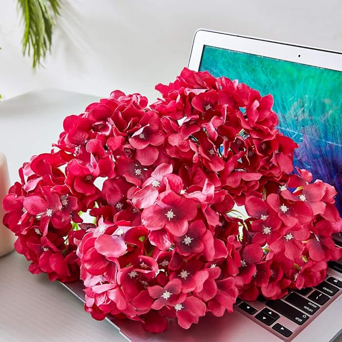 Artificial Hydrangea Flowers Fuchsia 10 Heads Hydrangea Silk Flowers Head for Wedding Centerpieces Bouquets DIY Floral Decor Home Decoration with Long Stems