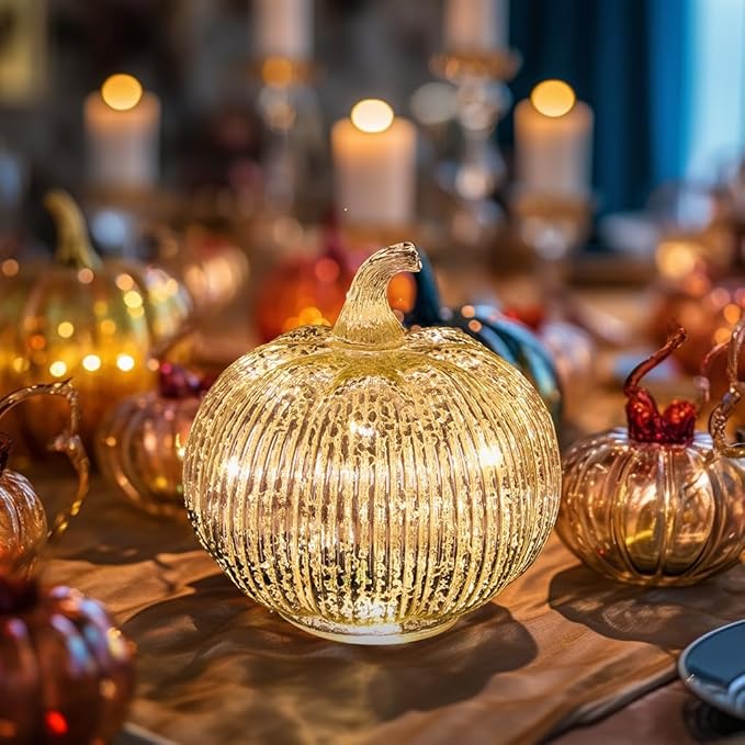 Mercury Glass Light up Pumpkin with Timer- Fall Decoration for Home-Lamps for Festive Decoration-Thanksgiving Pumpkin Decoration (Silver)