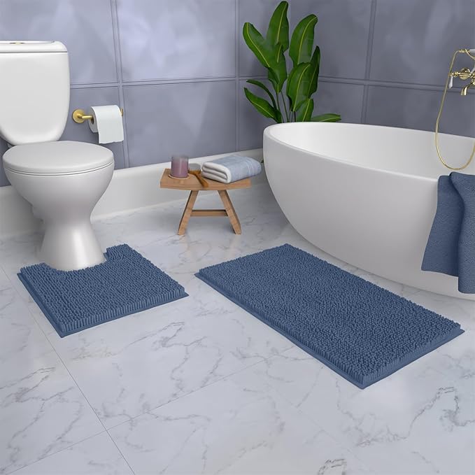 Bathroom Rugs Sets 2 Piece, Luxury Chenille Bath Mat Set, Soft Plush Anti-Slip Bath Rug + U-Shaped Toilet Mat. Microfiber Shaggy Carpet, Super Absorbent (24” x 36” & 20” x 24” U, Medium Blue)