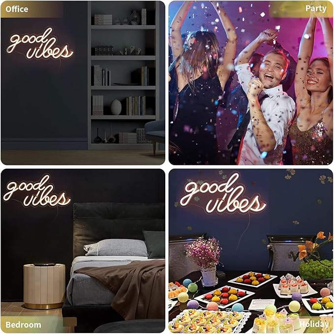 DECANIT Good Vibes Neon Sign for Wall Decor,Powered by USB Neon Light for Bedroom Decor, Warm White Color,16.1"x 8.3"x 0.6"