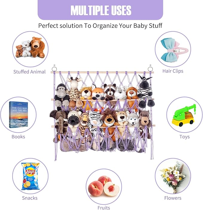 Stuffed Animal Net or Hammock Large Corner Storage for Plushies Stuffed Animals Zoo Wall Hanging Organizer Holder for Toy Hammock, Space-Saving Kids Nursery Decor (Purple)
