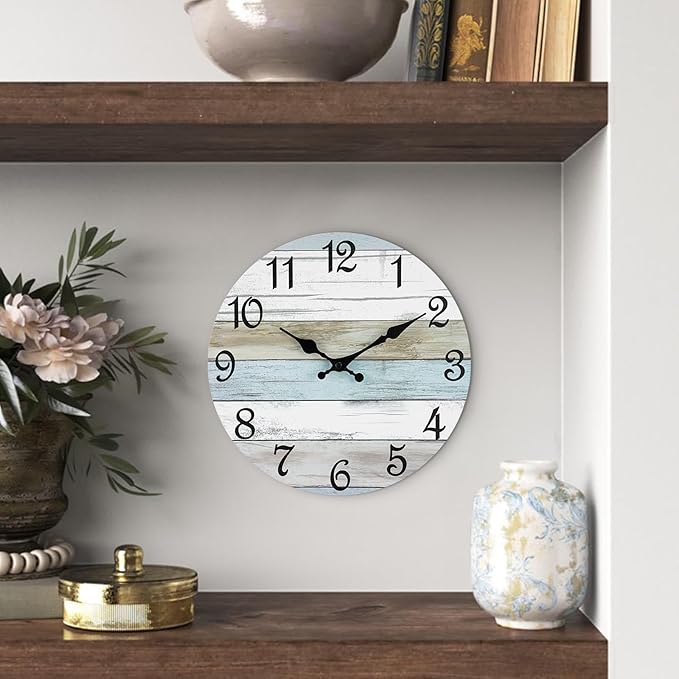 CHYLIN Wall Clock - 16 Inch Silent Non Ticking Coastal Wall Clocks Battery Operated, Wooden Rustic Farmhouse Clock Decorative for Living Room, Kitchen, Bathroom, Office (Blue)
