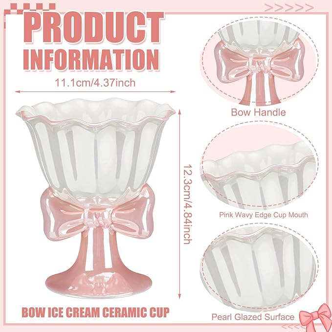 Yungyan Pink Bow Ice Cream Cup with Pearl Glaze Ceramic Bow Knot Cute Coffee Mug with Stainless Steel Pearl Spoon Coquette Stuff Preppy Aesthetic Gift Set for Women Holiday Birthday