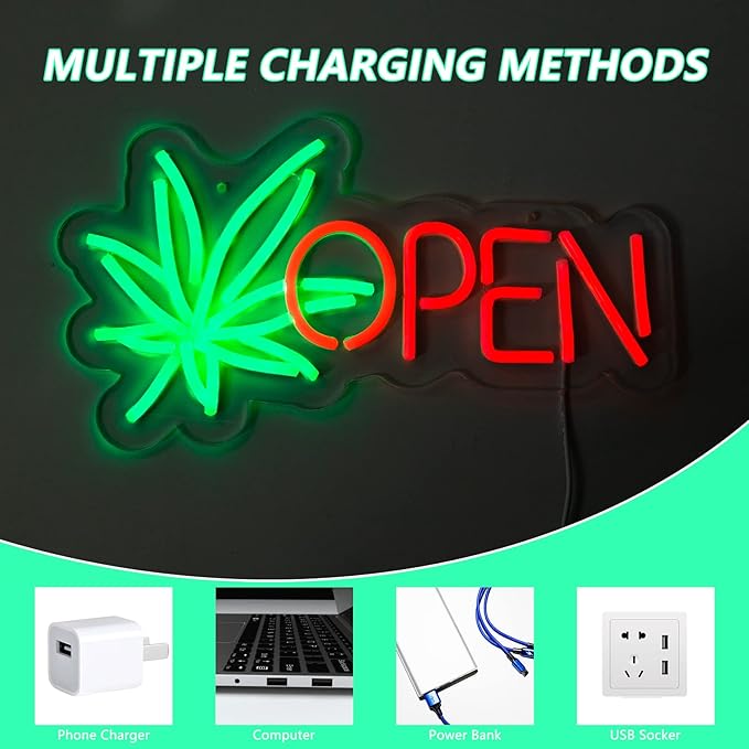 Open Neon Sign, Neon Signs for Wall Decor, Dimmable Neon Green Leaf LED Signs for Bedroom Aesthetic, Light Up Neon Signs for Hotel Beer Bar Man Cave Club Pub Party Decorations