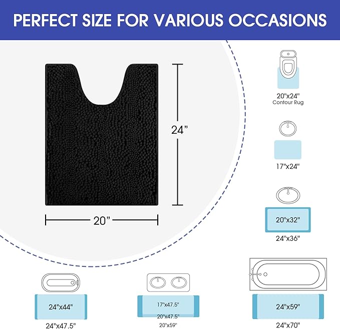 ACCUMTEK Striped Black Toilet Bathroom Rug Mat 24" x 20" Contour Rug Ultra Soft, Non Slip Chenille Bath Rugs, Absorbent Plush Shaggy Bath Mats for Bathroom, Bedroom, Kitchen, Shower, Tub
