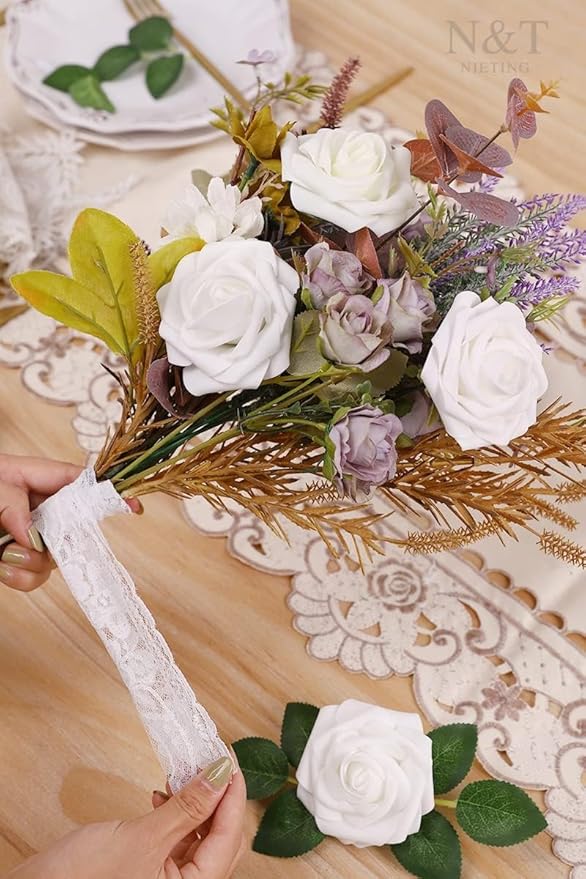 N&T NIETING Artificial Flowers, 25pcs Fake Flowers White Rose Perfect for DIY Wedding Bridesmaid Bridal Bouquets Centerpieces Home Flower Arrangement Decoration