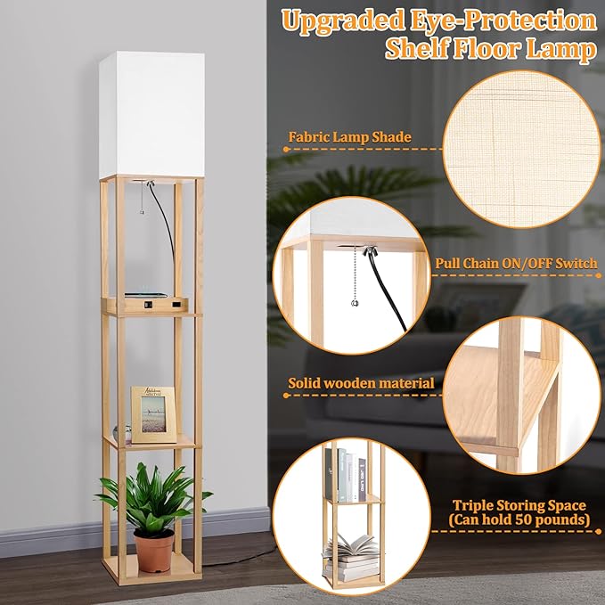 Dott Arts Floor Lamp with Shelves, Shelf Lamp with Wireless Charger & USB A+C Ports & 2 AC Outlets,3 Color Temperature Corner Tall Standing Floor Lamps for Living Room, Bedroom, Office (Burlywood)