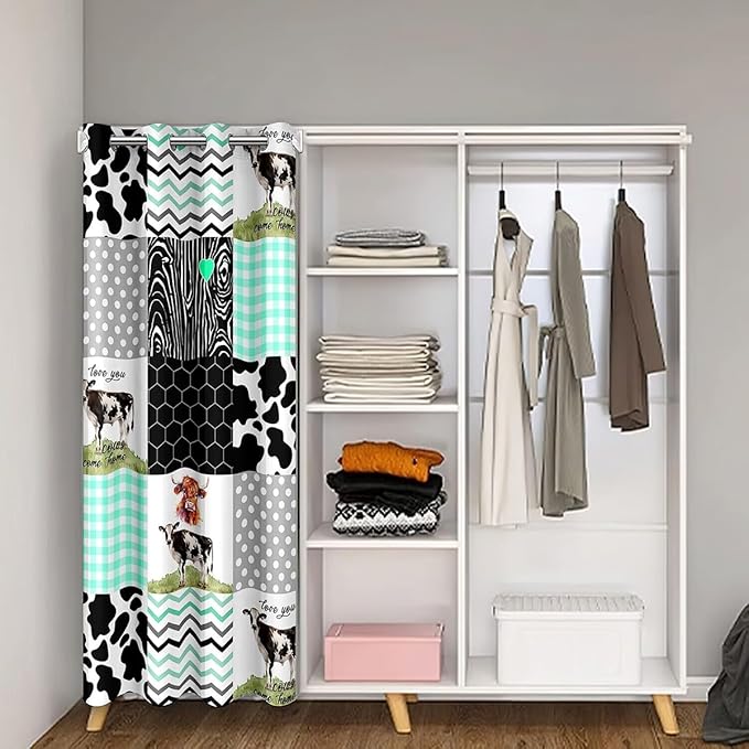 Cute Cow Print Doorway Curtain 42"W X 80"L Kawaii Highland Cow Door Curtain Bedroom Decor Honeycomb Plaid Pattern Geometric Stripes Door Drape Cartoon Farm Animals Curtain, Green Black Grey
