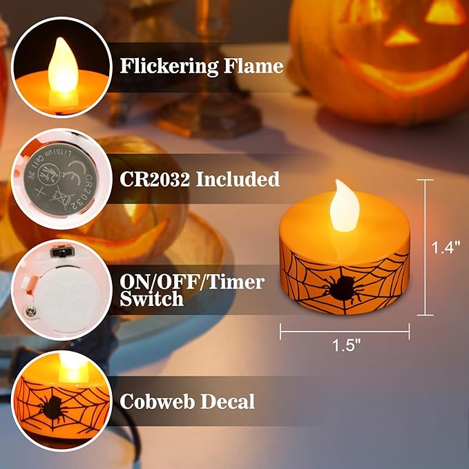 DRomance Halloween Flameless Votive Candles Battery Operated with 6H Timer, 12 Pack Spider Cobweb Decal LED Flickering Pumpkin Tea Lights Candles Fall Indoor Decoration(1.5" D x 1.4" H)