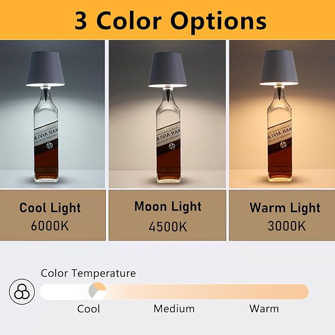 LED Wine Bottle Light, Rechargeable Wireless Bottle Lamp Shade for Whiskey Wine Liquor Bottle, Ambient Light with 3 Color Options for Desk Table Bar Decor, White