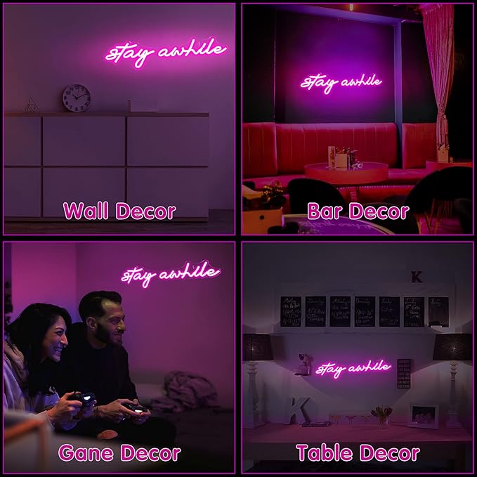 Pink Stay Awhile Neon Signs - IMEGINA Dimmable LED Bar Neon Sign for Wall Decor 19.7x5 Inch, USB Powered Cool Neon Light for Bedroom Home Room Pub Party, Birthday Christmas Gift