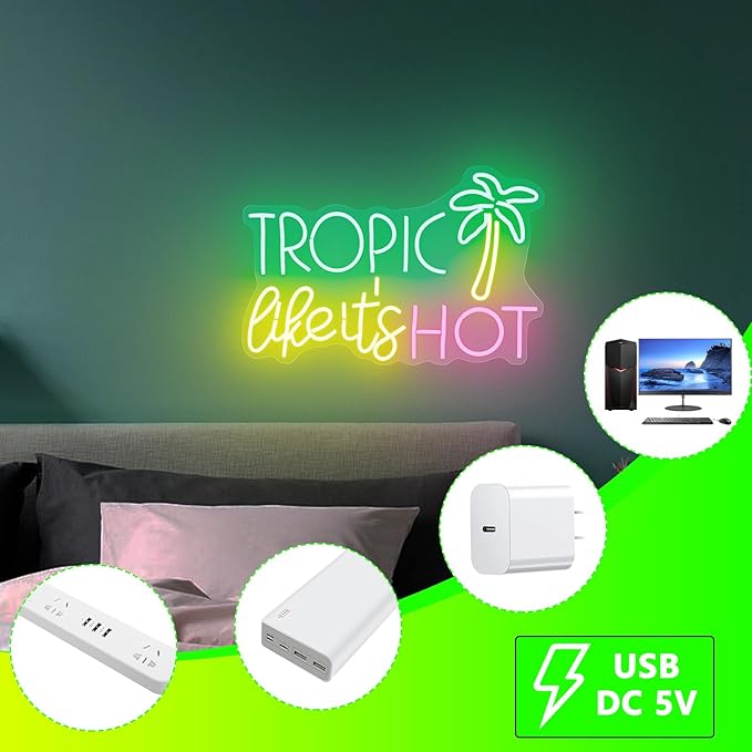 Tropic Like It's Hot Neon Sign, Neon Signs for Wall Decor, Dimmable Led Signs for Bedroom, Light Up Signs for Bar Hawaii Aloha Tiki Beach Luau Themed Poor Summer Party Decorations