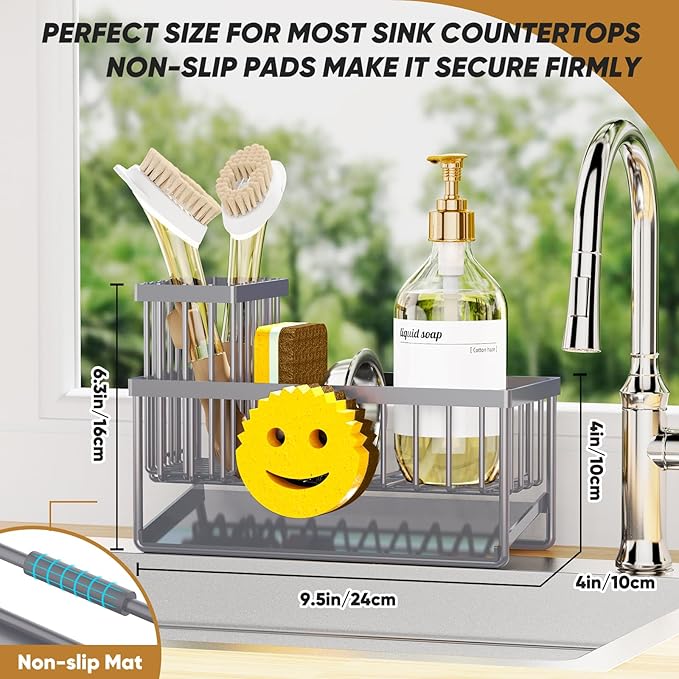 Sponge Holder for Kitchen Sink,Smiley Face Sink Caddy with Removable Brush Holder,Self-Draining Sponge Caddy for Sponge,Soap,Dish Brush,Scrubber,Kitchen Essentials and Gadgets-Gray