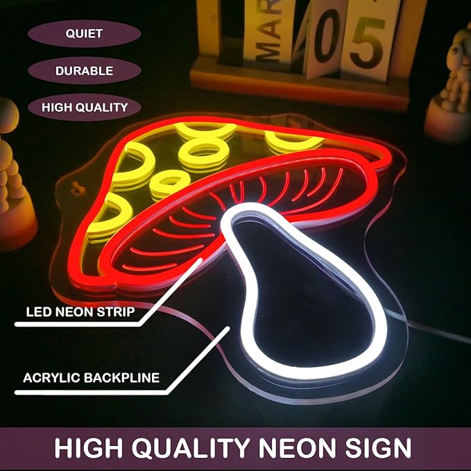 Red Mushroom Neon Sign Whimsical LED Wall Decor for Gaming Rooms, Fantasy Mushroom Lovers, USB-Powered Adjustable Brightness Light Up Signs USB LED Signs for kids room