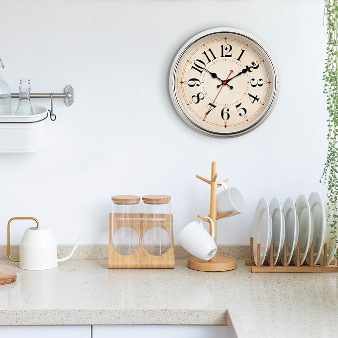 Wall Clock Metal 12.4" Retro Vintage Wall Clocks Countryside Style Silent Non Ticking Easy to Read for Living Room, Kitchen, Bedroom, Office, Bar(12.4" Beige)