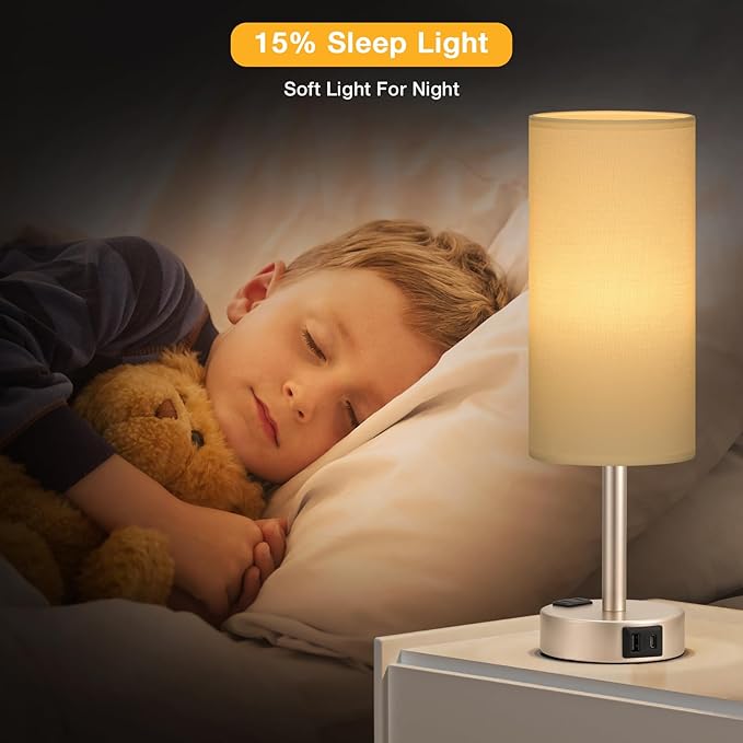 Touch Bedside Table Lamps Set - 3 Way Dimmable Bedroom Lamps Set of 2 with USB C and A Ports, Small Lamps for Nightstand with AC Outlet, Gold Base Round Flaxen Shade for Desk, Office, Dorm, Nursery