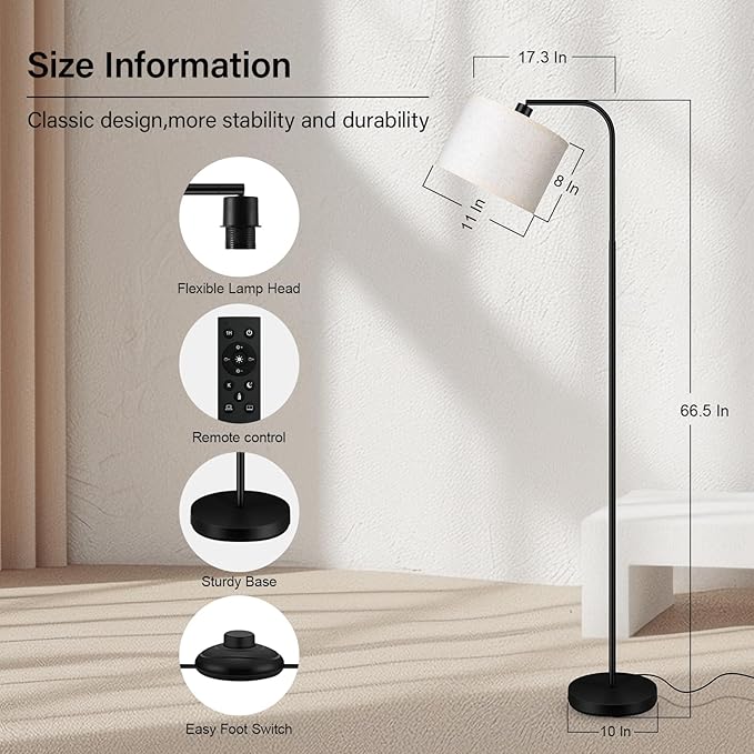 Dimmable Floor Lamp for Living Room,Arc Sofa Lamps with Remote Control,Stepless Dimmable Brightness & Colors Temperature 2700k-6500k,67 In,Tall Flexible Standing Lamp for Bedroom Study Room Office