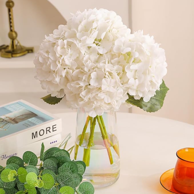 Tifuly Fake Hydrangea Artificial Flowers with Vase 4pcs 3D Real Touch Faux Hydrangea and 3pcs Eucalyptus Stems for Wedding Centerpiece Home Party Table Decoration(White)