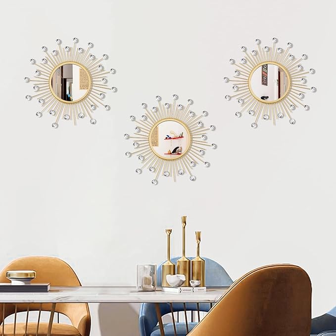 3 Pack Metal Mirrors for Wall Sunburst Wall Mirrors Home Décor Decorative Hanging Wall Art for Living Room Bedroom Entryway (Gold Crystal, Sunburst)