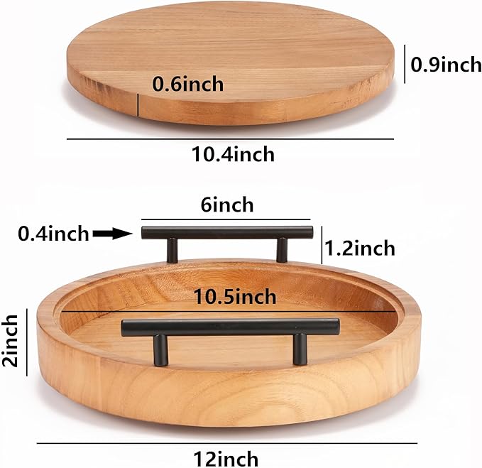Set of 2 Wood Decorative Trays with Handles 12 Inch Round Decorative Tray for Room Decor, 2 in 1 Counter Decor Trays for Coffee Table,Round Tray for Storage and Display