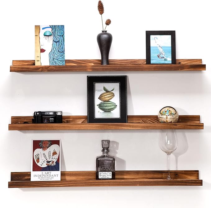 MBYD 48 Inch Picture Ledge Shelf Set of 3, Wall Mount Carbonized Burnt Black Floating Wall Shelves Photo Ledge Natutal Pine Wood for Bedroom, Living Room, Office, Kitchen, Bathroom Same Dimensions