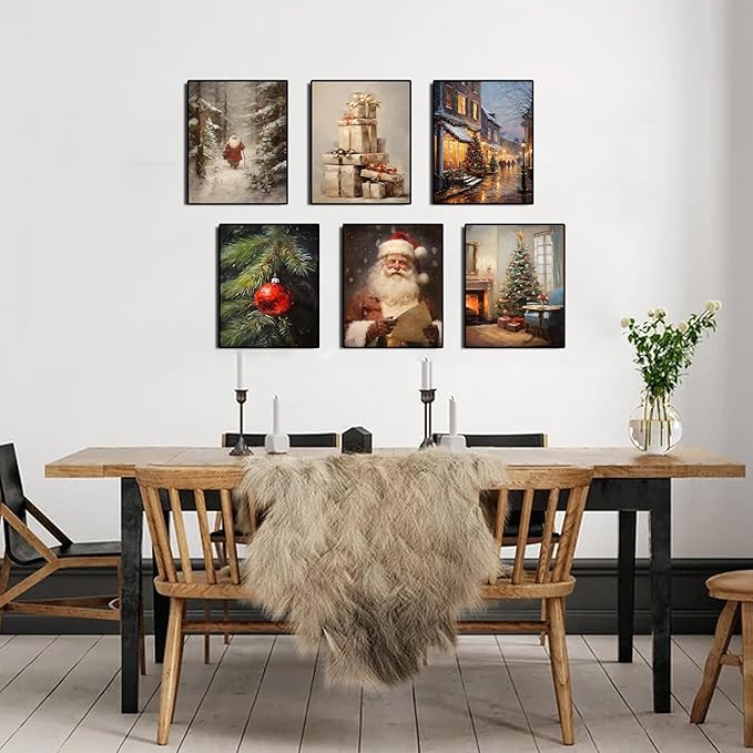 Christmas Canvas Wall Art Christmas Pictures Wall Decor Christmas Poster Winter Vintage Holiday Gallery Print set of 6, Santa Claus Tree Gift, Santa Oil Painting Christmas Holiday Decor- 8"X10"