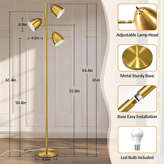 Tree Floor Lamp with 3 Light Bulbs Standing Tall Pole Lamps with Adjustable Metal Heads 65"Reading Stand up Lamps with E26 Base Modern Floor Lamps for Living Rooms, Bedrooms, Home, Office(Gold)