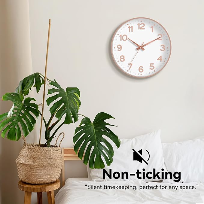 Wall Clock, Silent Wall Clocks Battery Operated 8 Inch-Modern Non Ticking Analog Clock Decorative for Kitchen Office Bathroom Bedroom(White Rose Gold)