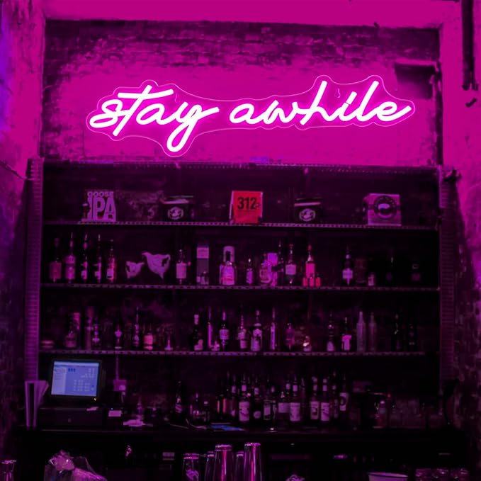 Pink Stay Awhile Neon Signs - IMEGINA Dimmable LED Bar Neon Sign for Wall Decor 19.7x5 Inch, USB Powered Cool Neon Light for Bedroom Home Room Pub Party, Birthday Christmas Gift