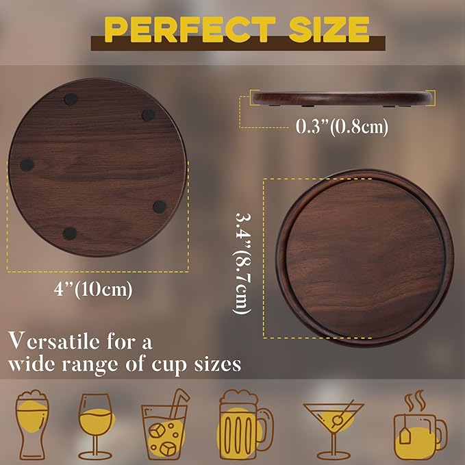 Wood Coasters with Metal Holder, GOH DODD Set of 8 Walnut Wooden Coaster Tabletop Protection for Drinks Coffee Table Home Kitchen Office Bar Living Room Decor Housewarming Gifts Wedding Party, 4 Inch