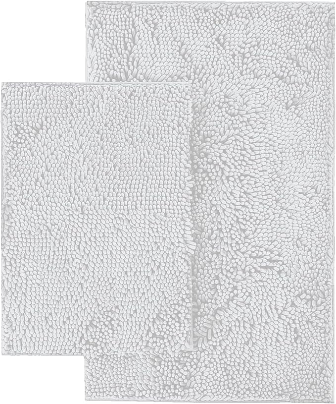 LuxUrux 2 Piece Bathroom Rug Set - Premium Plush Bath Mat Shower Rugs, 1" Chenille Microfiber, Non-Slip & Absorbent, Soft & Cozy, Durable Stylish (20x30 & 16x24 inches, White)