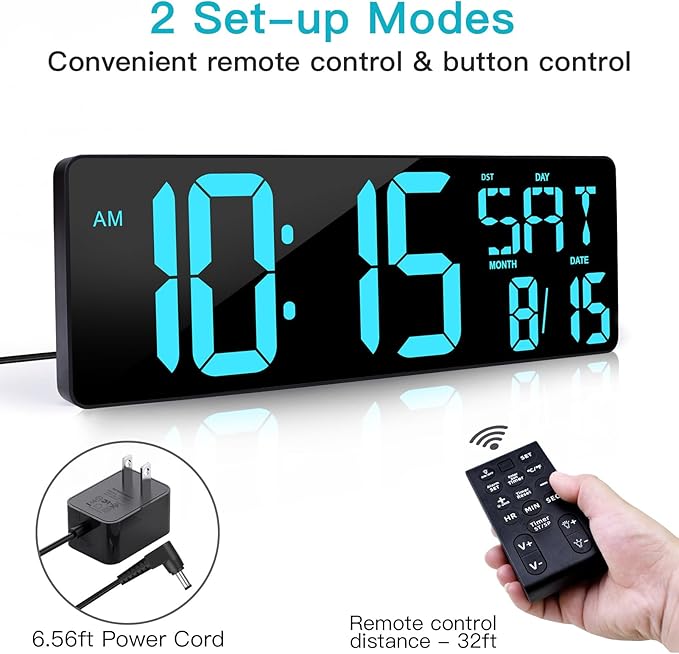 XREXS 17.2" Large Digital Wall Clock Bluetooth Sync Time, Precise Atomic Clocks with Remote Control, Adjustable Dimmer Grandfather Clock, Temperature Clock for Bedroom, Desk Alarm Clock for Teens