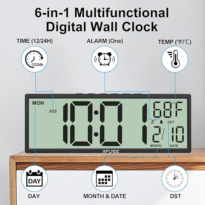 14.5'' Large Digital Wall Clock Battery Operated with Jumbo Numbers, Auto DST, Day, Date, Alarm, Temperature for Living Room, Bedroom, Desk Decor, Gift, LCD Screen Display Easy to Read and Set