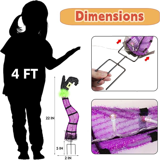 Juegoal Set of 2 Halloween Lighted Wicked Purple Witch Legs with Stakes, 22" Light Up Tinsel Halloween Yard Sign Prop Timer & 8 Modes, Battery Operated for Outdoor Party Haunted House Garden Decor