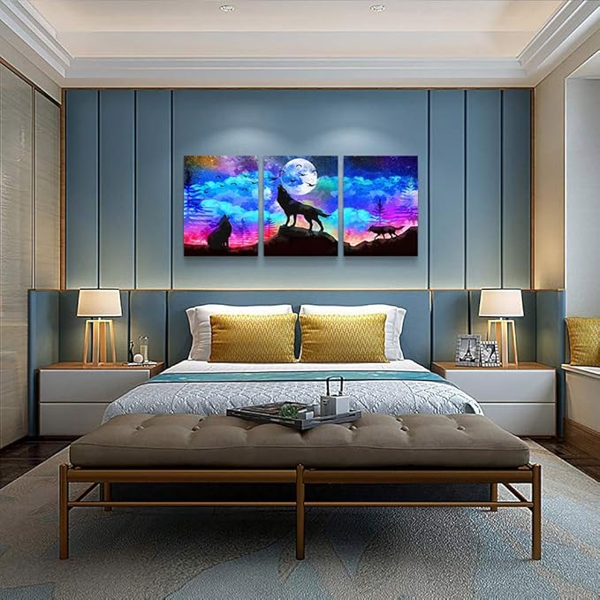 Canvas Wall Art For Living Room Wall Decor For Bedroom Kitchen Canvas Art Prints Artwork Modern Framed Room Home Decorations Blue Starry Sky Landscape Paintings Wolf Office Hang Pictures 3 Pieces