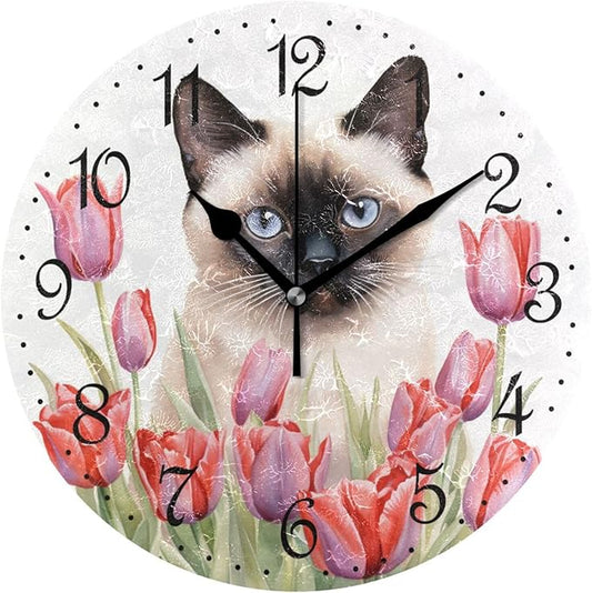 ALAZA Wall Clock Siamese Cat Red Tulips Silent Non-Ticking Decorative Wall Clocks Battery Operated 10 Inch for Home Living Room Kitchen Bathroom Bedroom