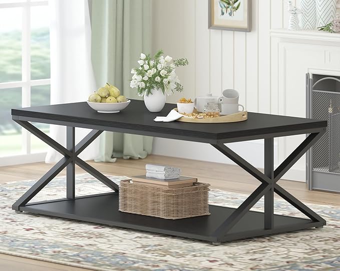 Modern Coffee Table with Storage, Farmhouse Living Room Table, Minimalist Rectangle Center Table, Industrial Vintage Wood Tea Table, 47 Inch, Black Oak
